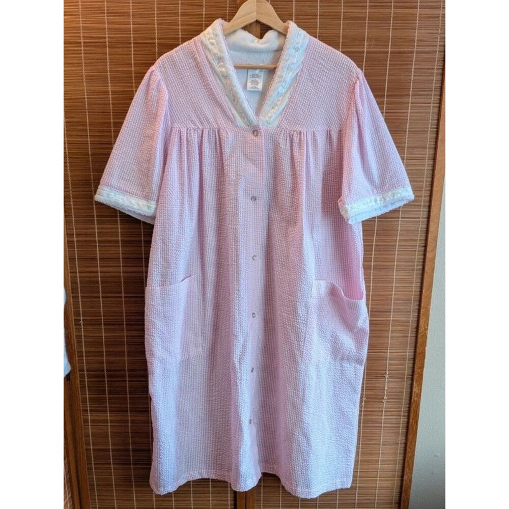 Vintage Pink White Gingham Duster Loungewear Robe House Dress Floral Trim Large